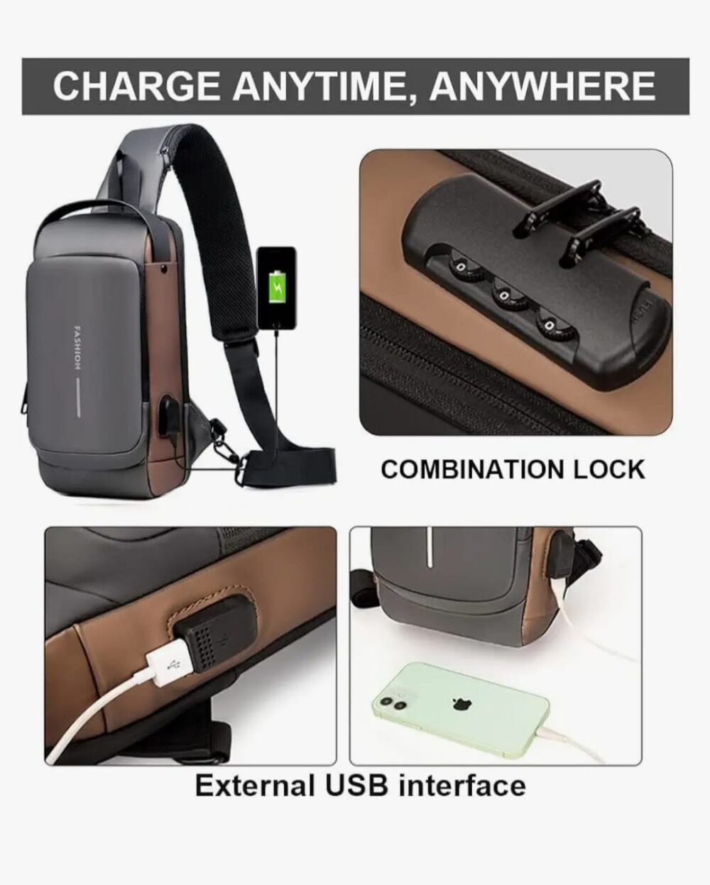 Sling Bag with USB Charging Port, Anti-Theft Design - Image 5